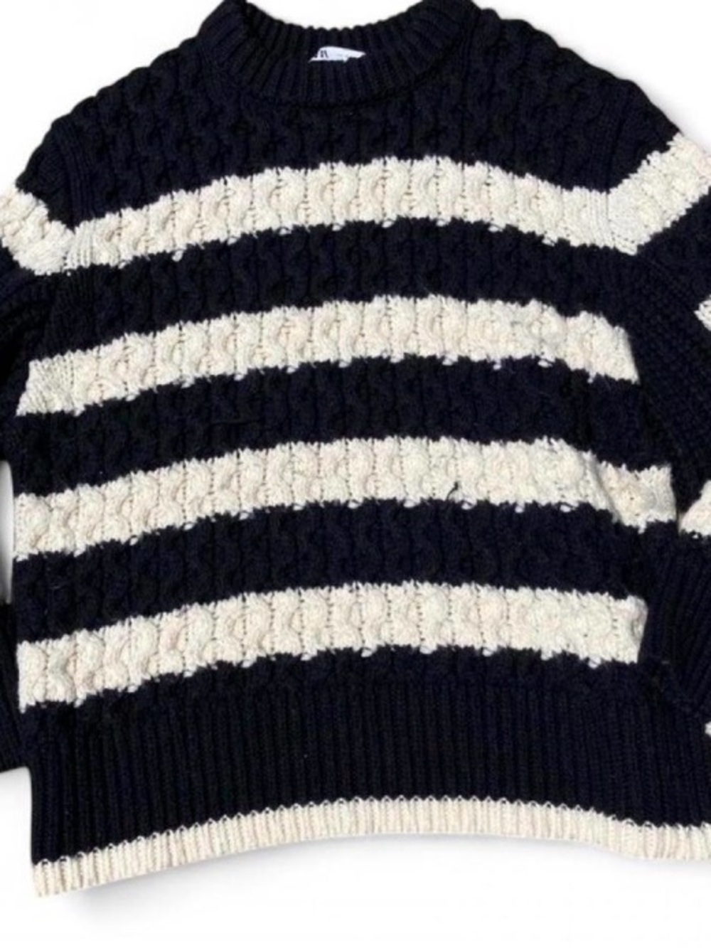 Zara Black and Cream Striped Cable Knit Crewneck Sweater